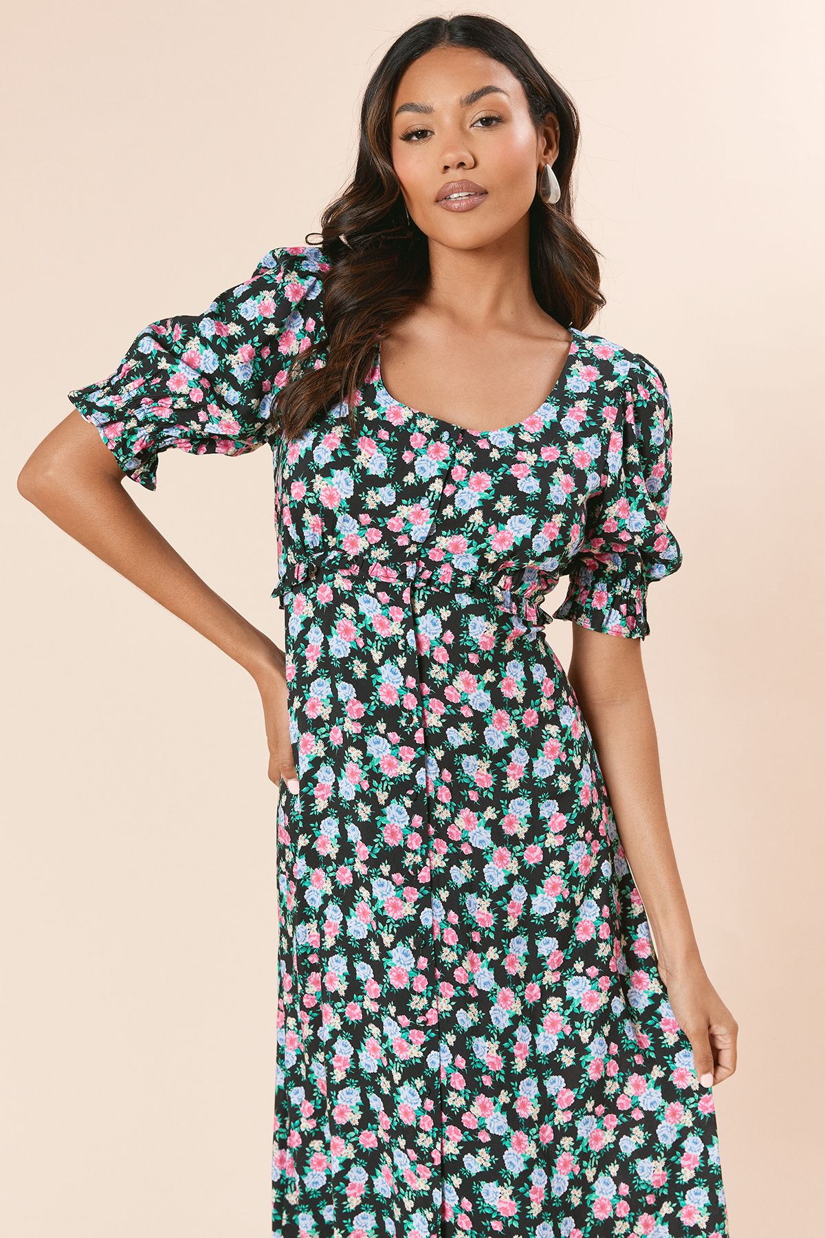 Dorothy Perkins Floral Button Front Puff Sleeve Midi Dress Floral image 2