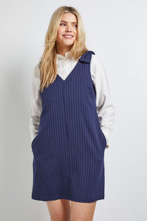 Dorothy Perkins Bow Detail Trapeze Pinstripe Mini Dress Navy