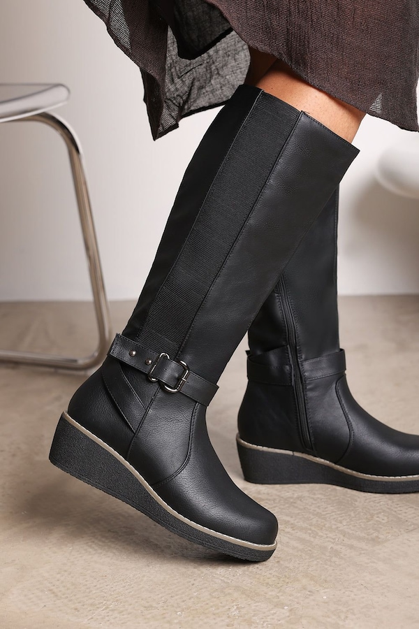 Where's That From 'Regina' Wide Fit Faux Leather Knee High Wedge Boots
