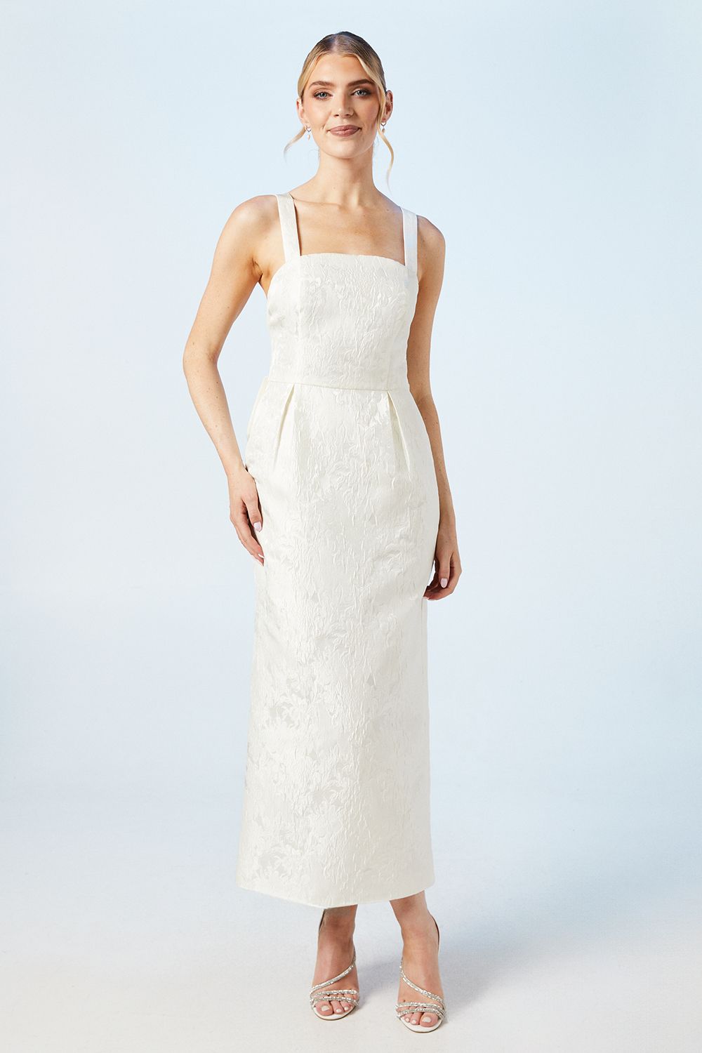 Oasis Cross Back Column Jacquard Wedding Dress With Bow Midi Detail Ivory image 1