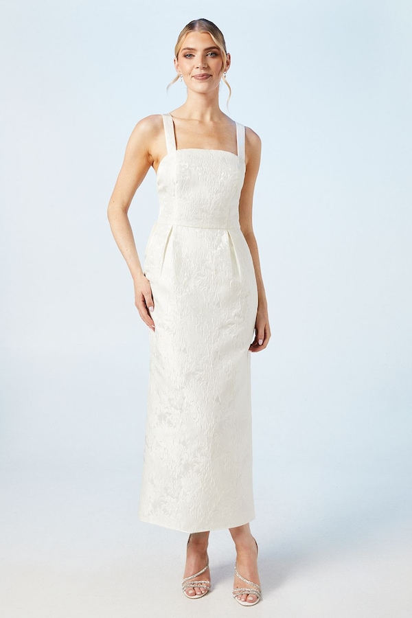 Oasis Cross Back Column Jacquard Wedding Dress With Bow Midi Detail Ivory