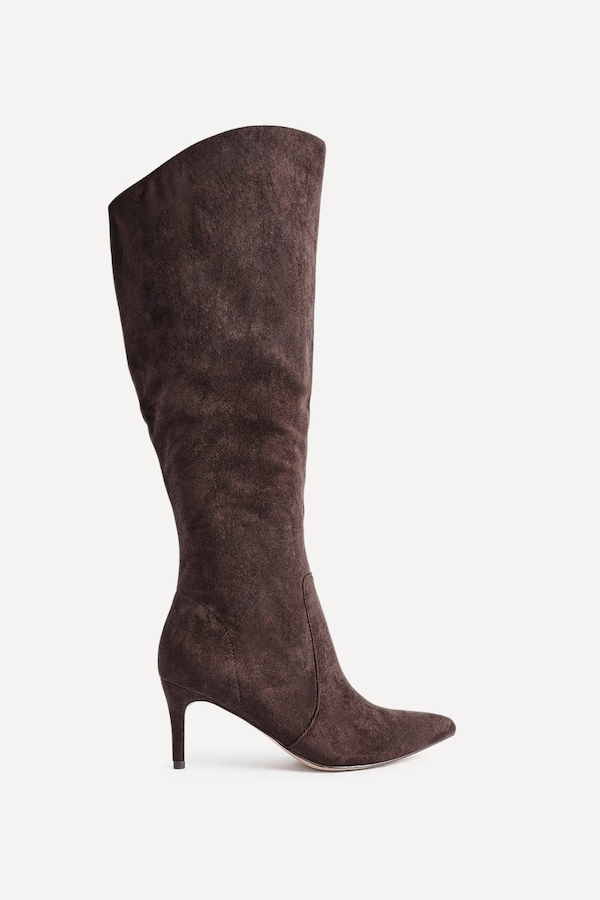 Linzi Ambition Brown Faux Suede Assymetric High Leg Stiletto Boot