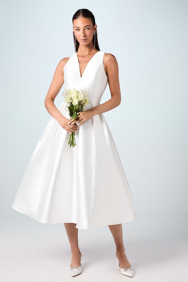 Coast Plunge Neck Bow Waist Midi Wedding Dress With Pockets Ivory