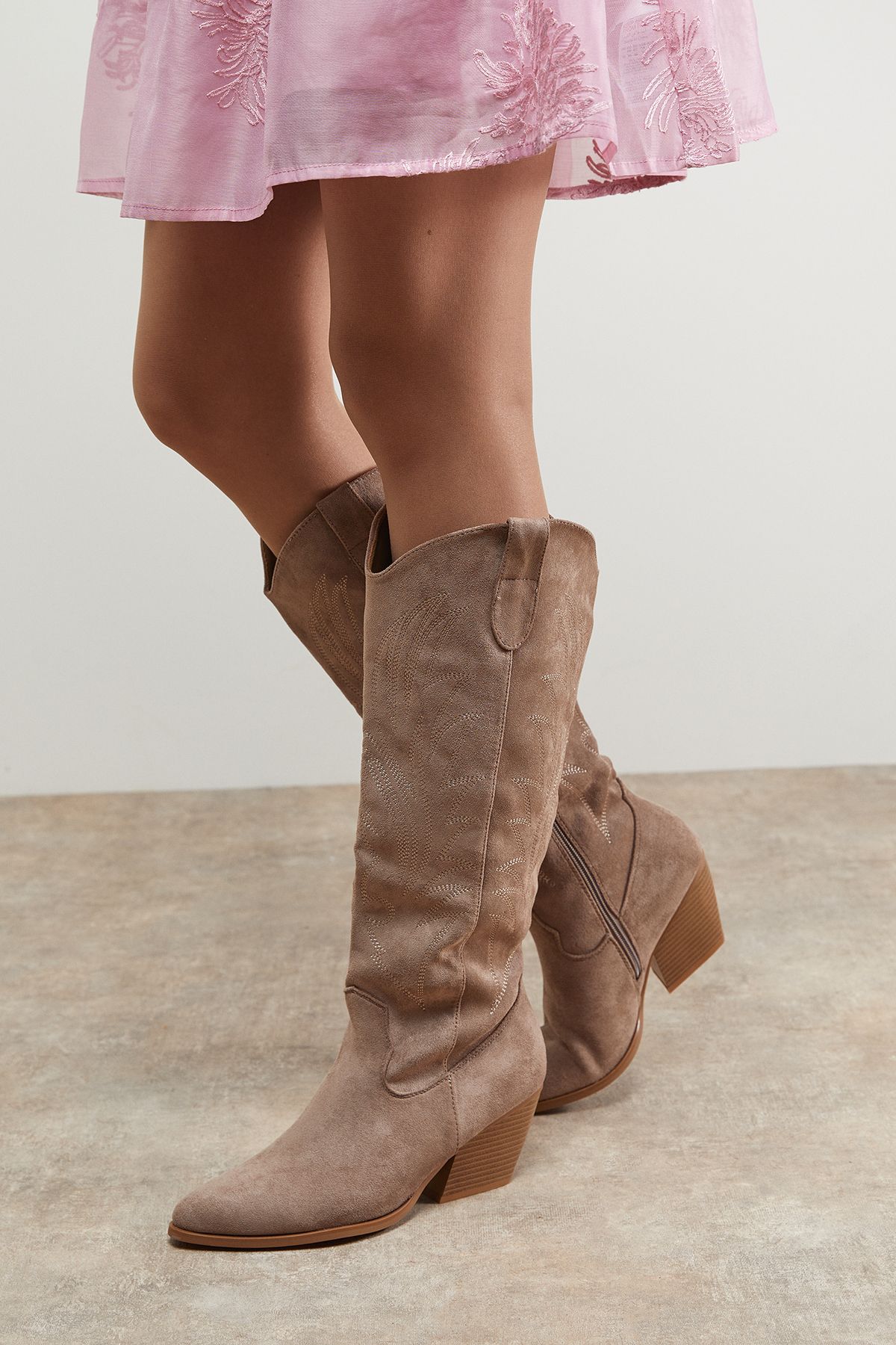 Oasis Maggie Faux Suede Embroidered Knee High Western Boots Taupe image 1