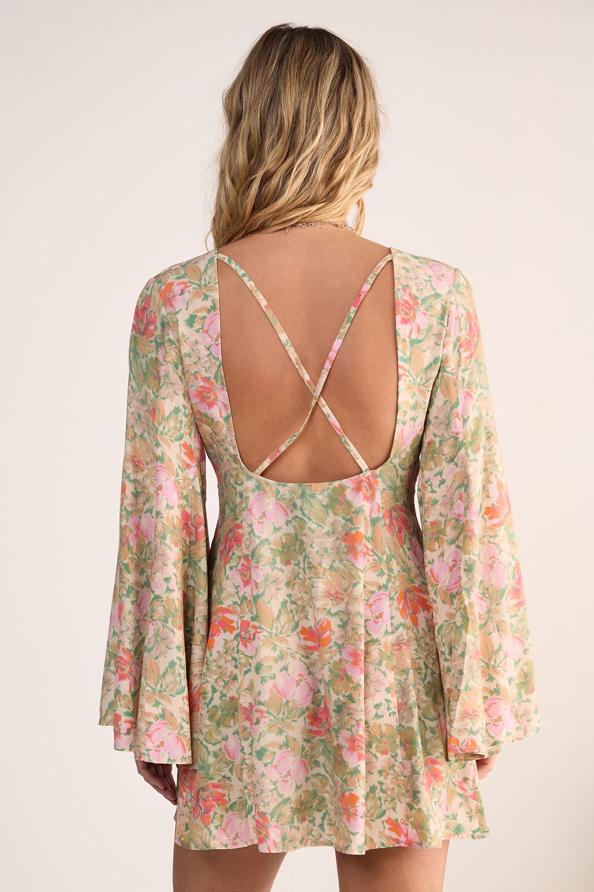 NastyGal Vintage Floral Button Through Extreme Flared Sleeve Mini Dress Green image 3