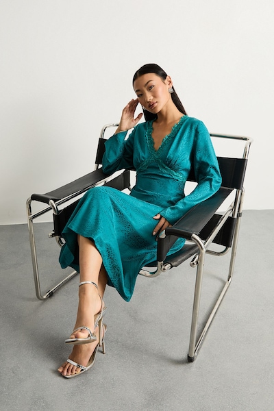 Warehouse Petite Satin Jacquard Lace Insert Godet Midi Dress Teal