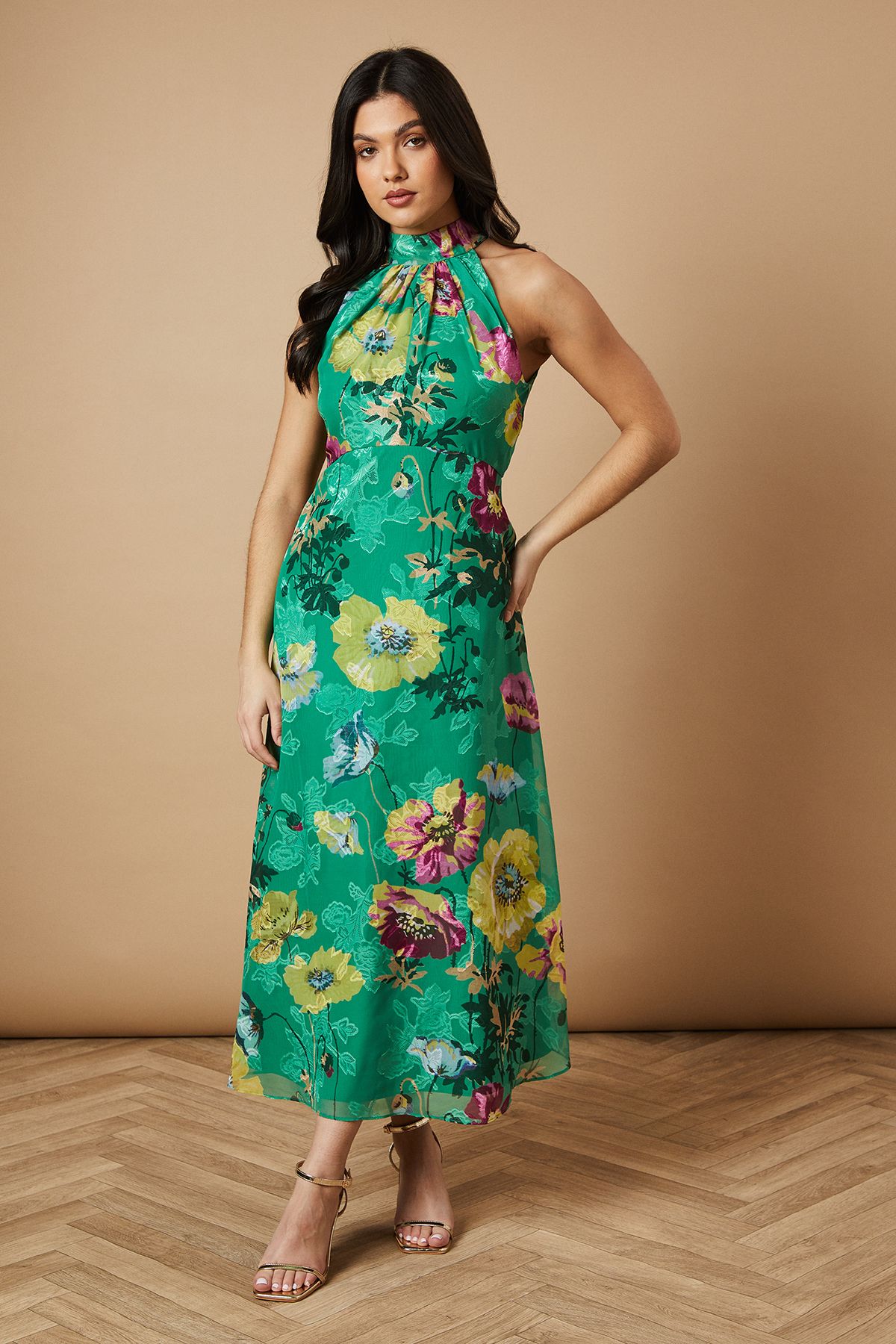 Oasis Floral Satin Burnout Halterneck Midi Dress Green image 1