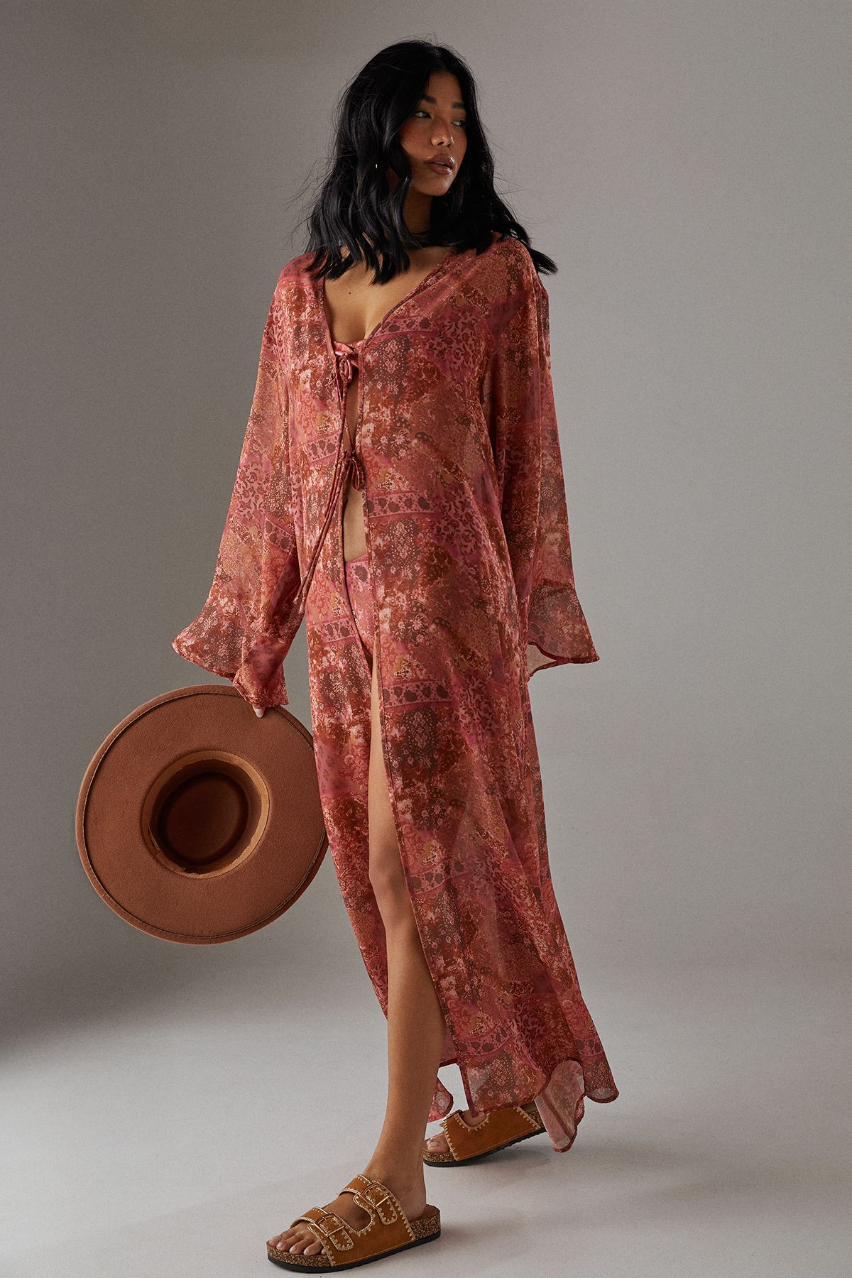 Warehouse Printed Maxi Tie front Kimono Multi image 4