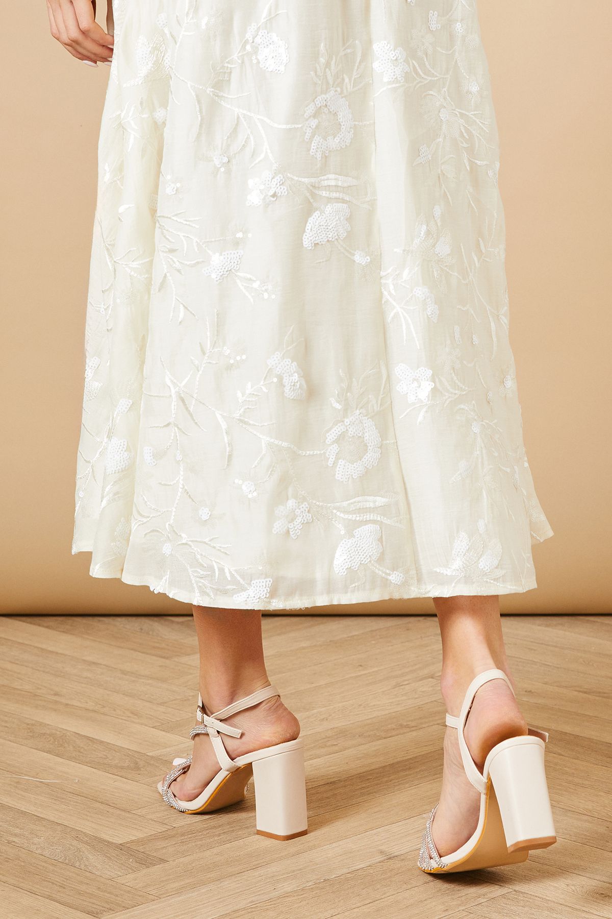 Oasis Andrea Faux Leather Twist Diamante High Block Heel Sandals Beige image 4