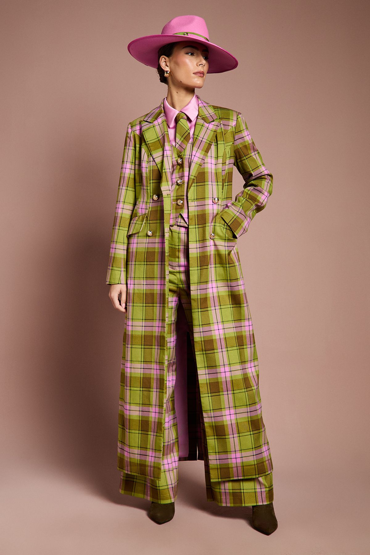 Coast Lisa Tan Check Double Breasted Formal Coat Green image 1