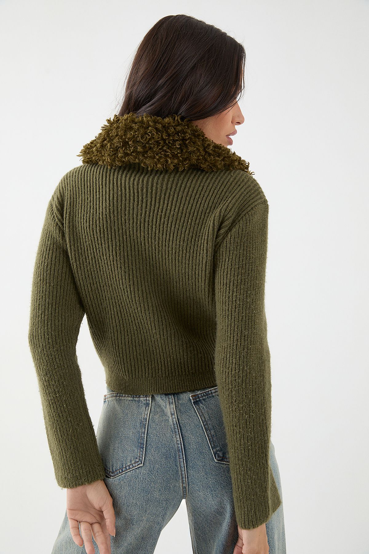 MissPap Teddy Fur Collar Long Sleeve Zip Up Jumper Khaki image 3