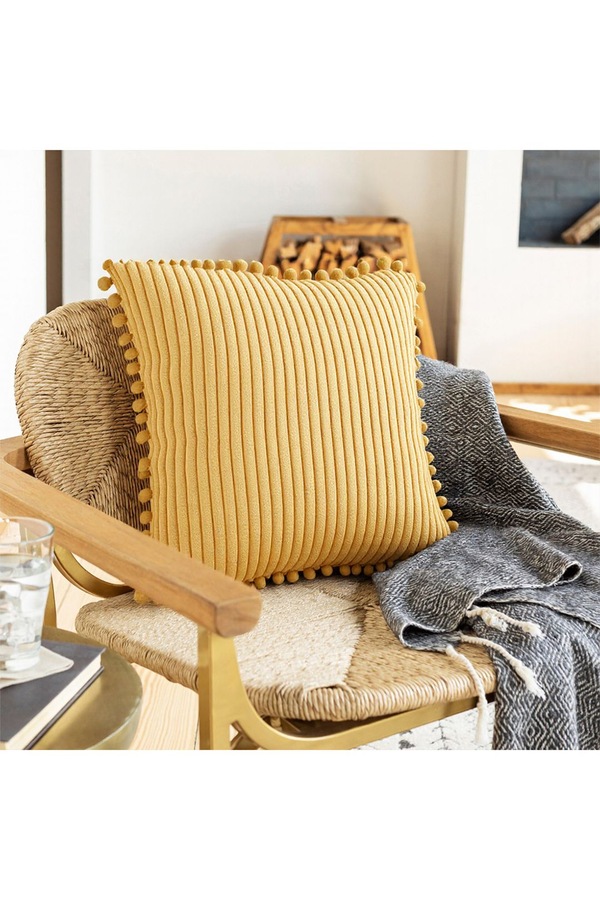 Living and Home Polyester Cushion Cover with Pom-Pom Trim