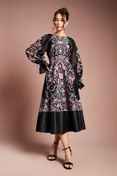 Coast Placement Print Long Sleeve Organza Midi Dress Black