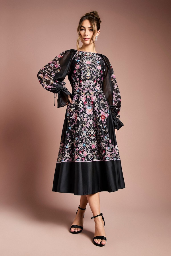 Coast Placement Print Long Sleeve Organza Midi Dress Black