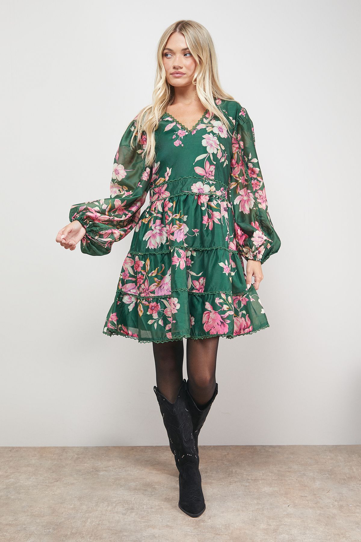 Oasis Printed Trim Detail V Neck Tiered Mini Dress Multi