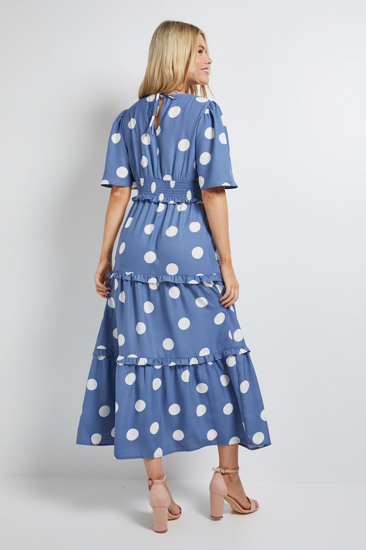 Dorothy Perkins Blue Spot Shirred Waist Angel Sleeve Tiered Maxi Dress Blue image 2