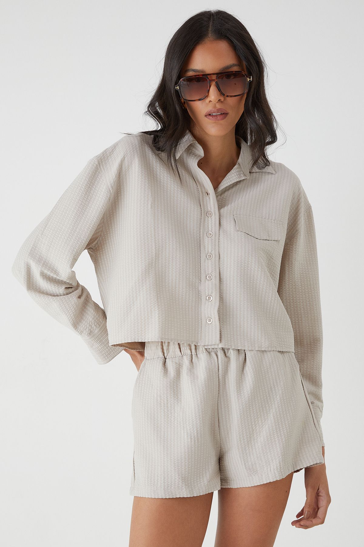 MissPap Seer Sucker Cropped Shirt Taupe