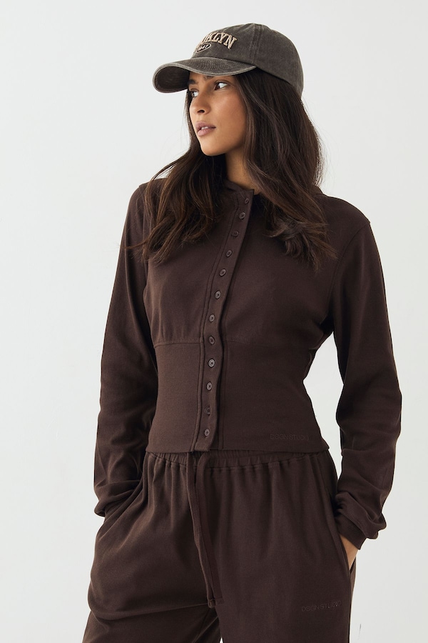 DSGN Studio DSGN Studio Button Through Cinched Hooded Rib Top Dark Chocolate