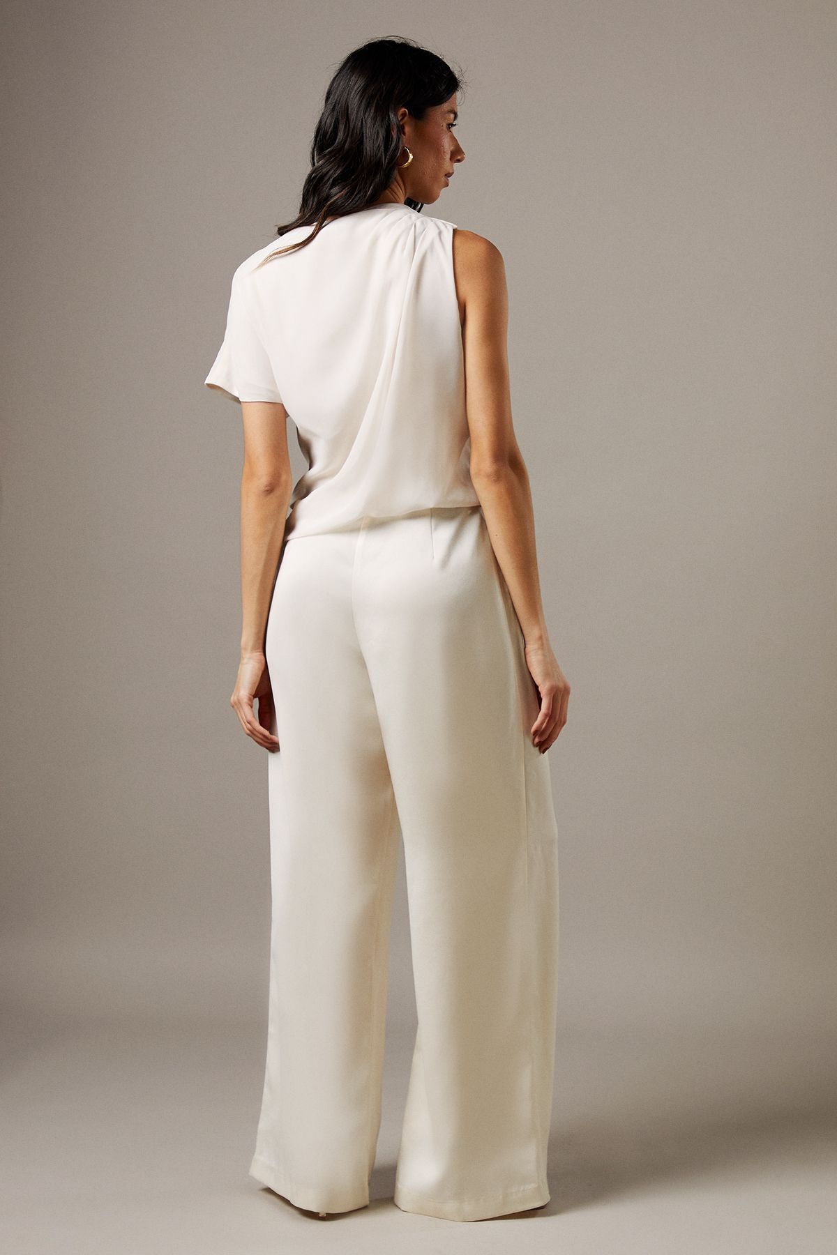 Warehouse Satin Chiffon Mix One Shoulder Drape Jumpsuit Cream image 3