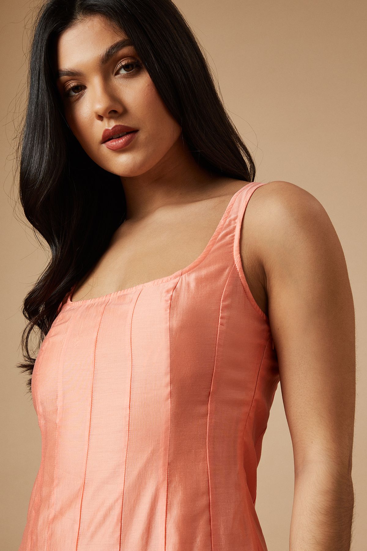 Oasis Plain Godet Seam Detail Maxi Dress Peach image 2