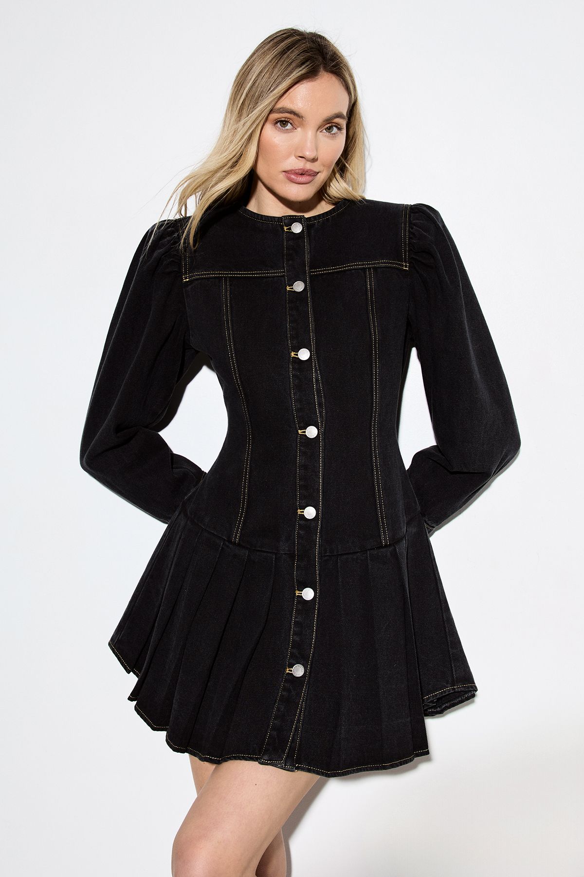 MissPap Premium Denim Pleat Hem Balloon Sleeve Dress Washed Black image 2