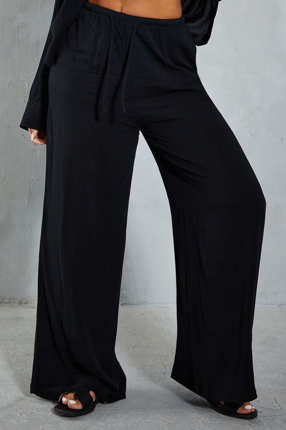 MissPap Crinkle Sheer Elastic Drawstring Waist Relaxed Trouser Black image 4