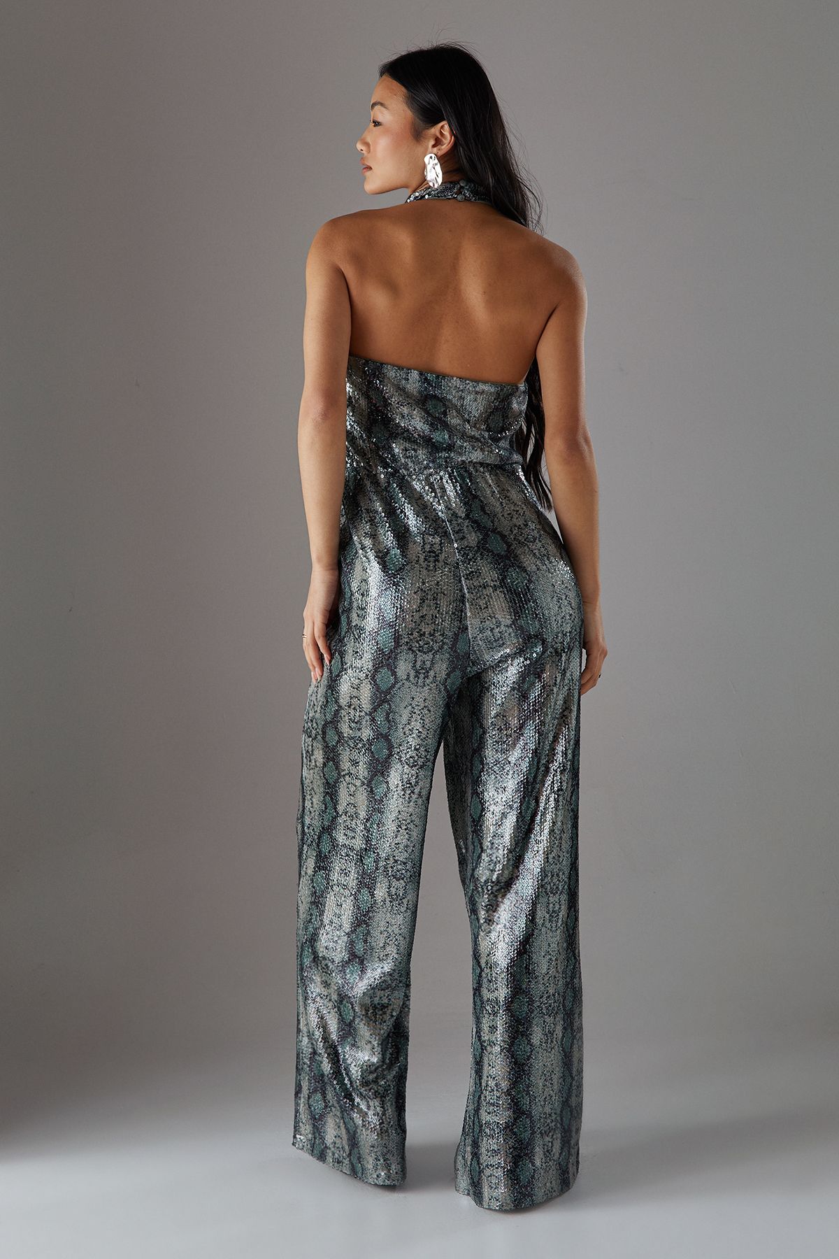 Warehouse Petite Snake Sequin Cowl Neck Drop Waist Jumpsuit Green image 4