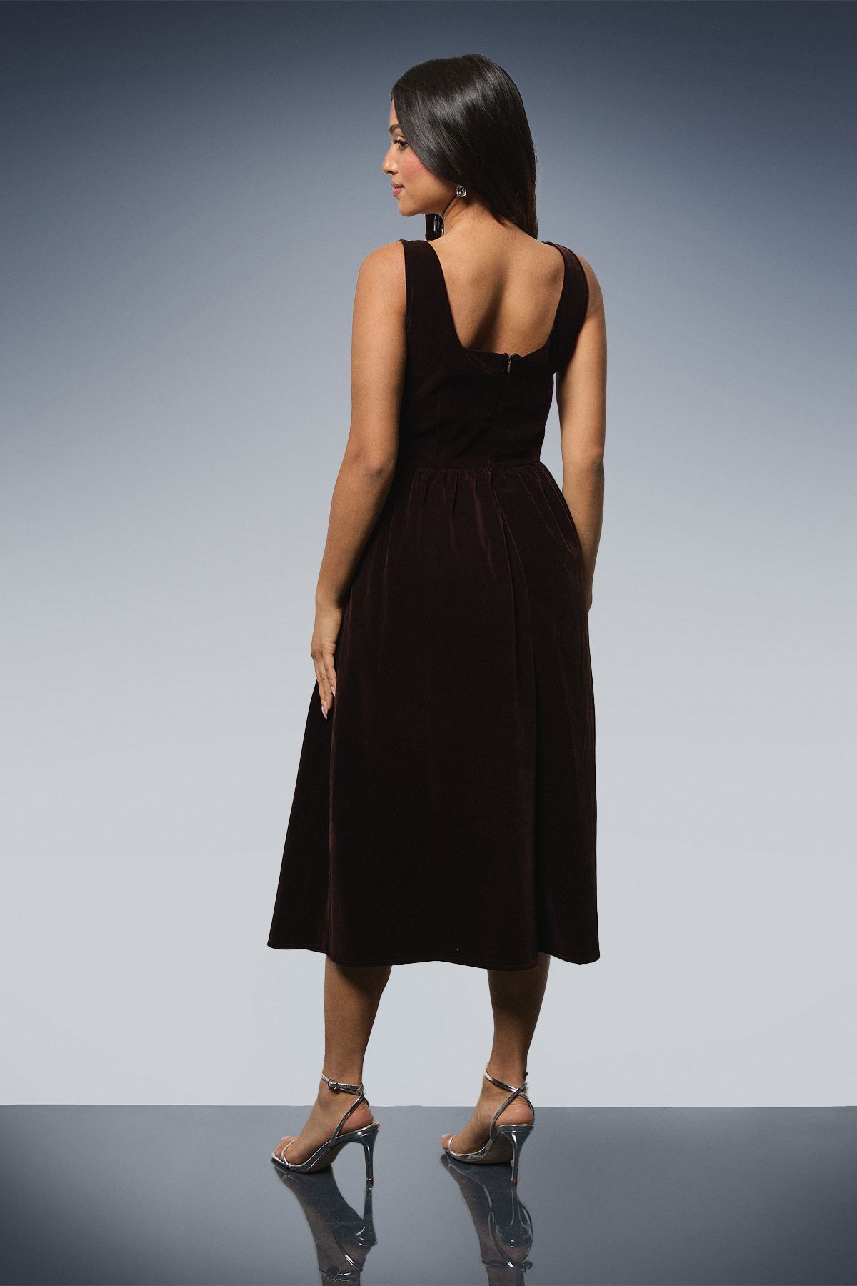 Dorothy Perkins Petite Velvet Embellished Neckline Structured Midi Dress Chocolate image 3