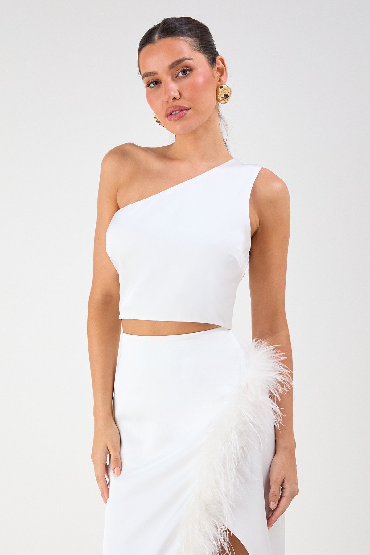 MissPap One Shoulder Top & Faux Feather Skirt Co-ord Ivory image 4