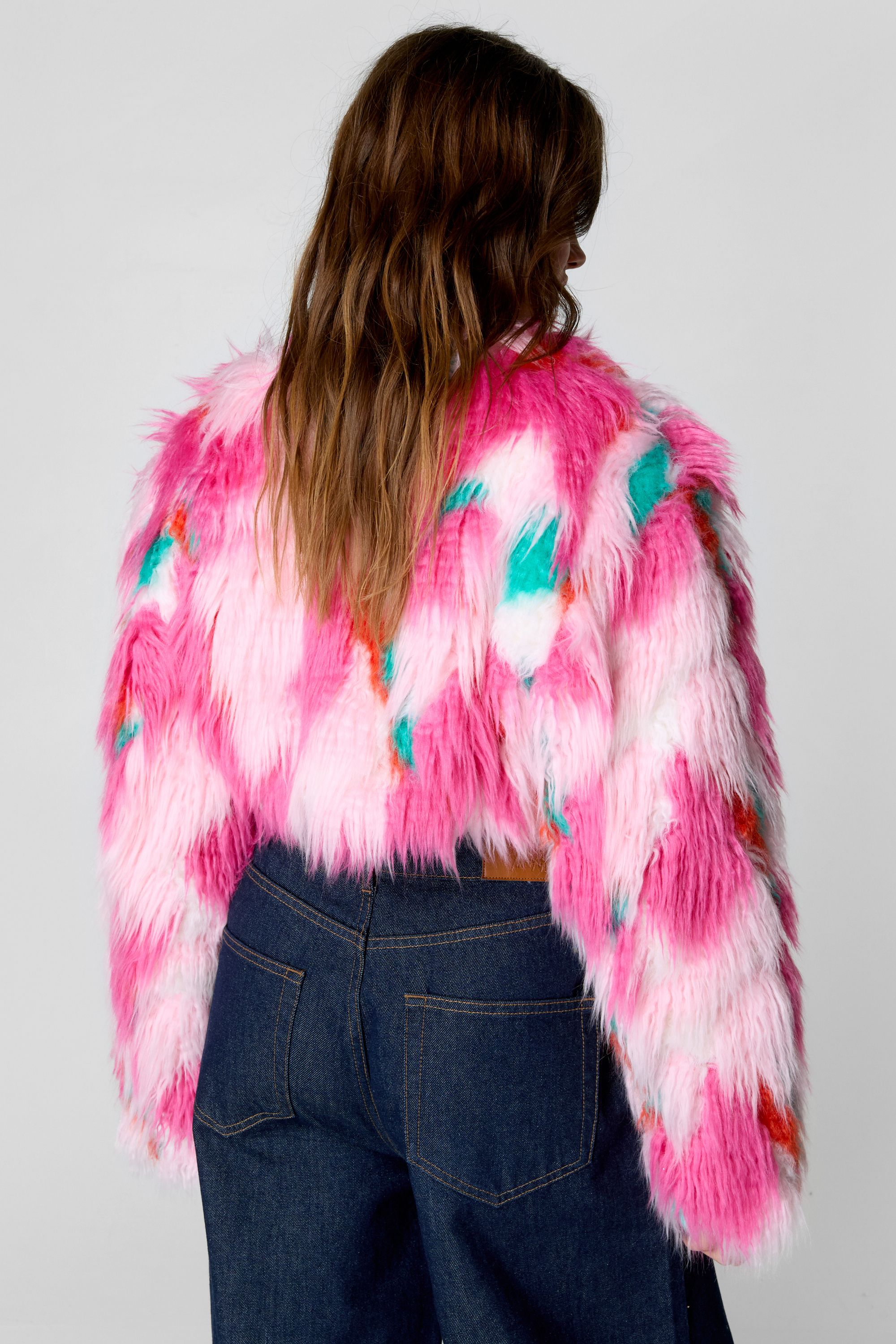 NastyGal Premium Patchwork Faux Fur Cropped Coat Pink image 4