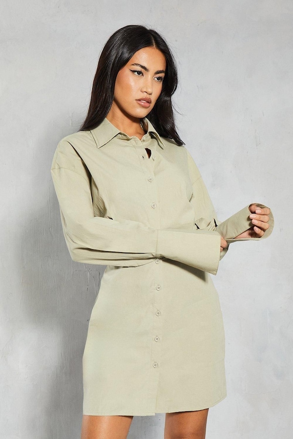 MissPap Poplin Fitted Mini Shirt Dress Light Khaki
