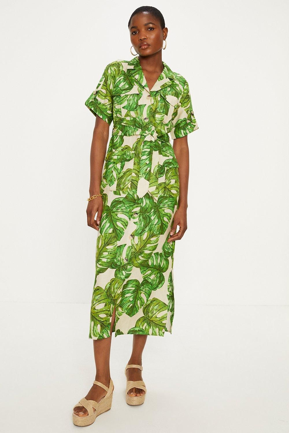 Oasis Linen Mix Palm Print Midi Shirt Dress Green