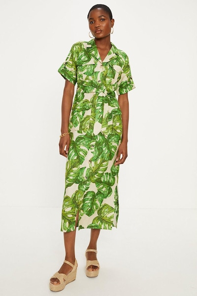 Oasis Linen Mix Palm Print Midi Shirt Dress Green