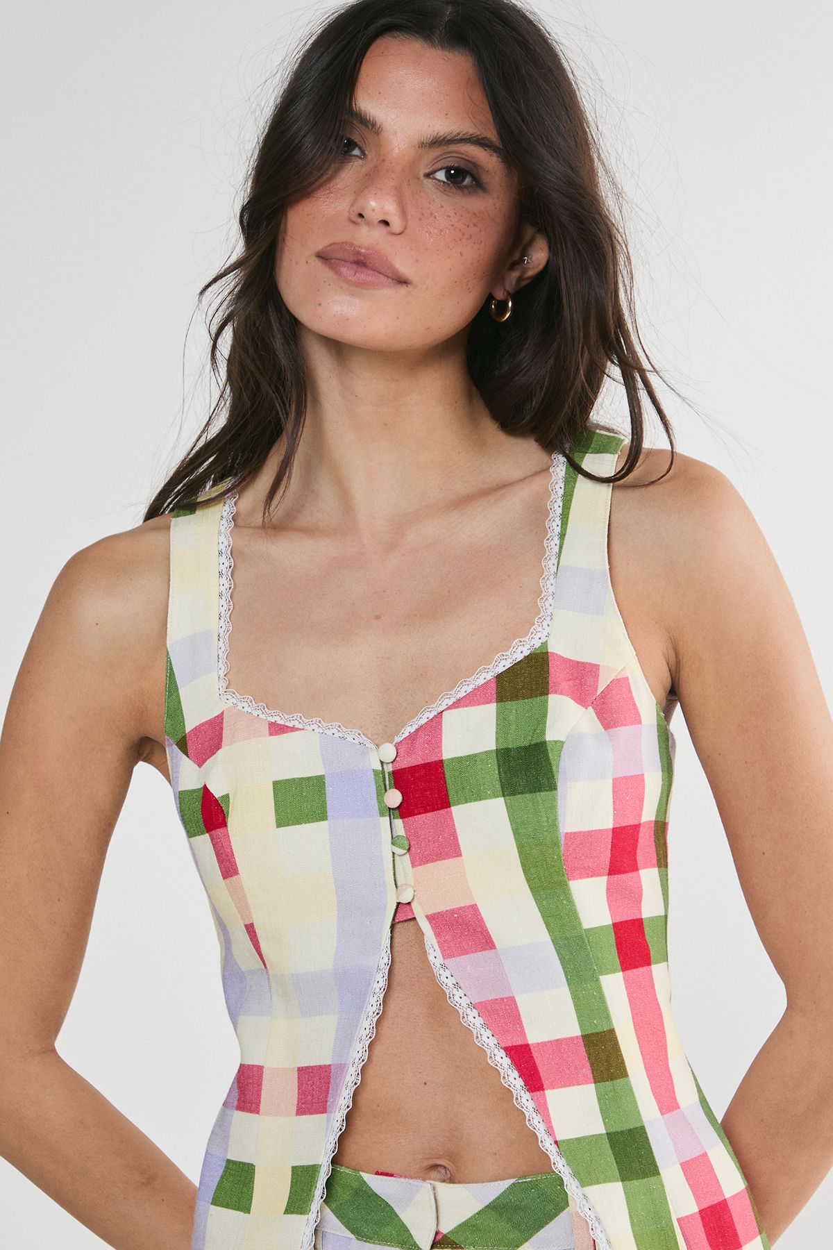 NastyGal Linen Mix Gingham Lace Trim Button Front Vest Multi image 3