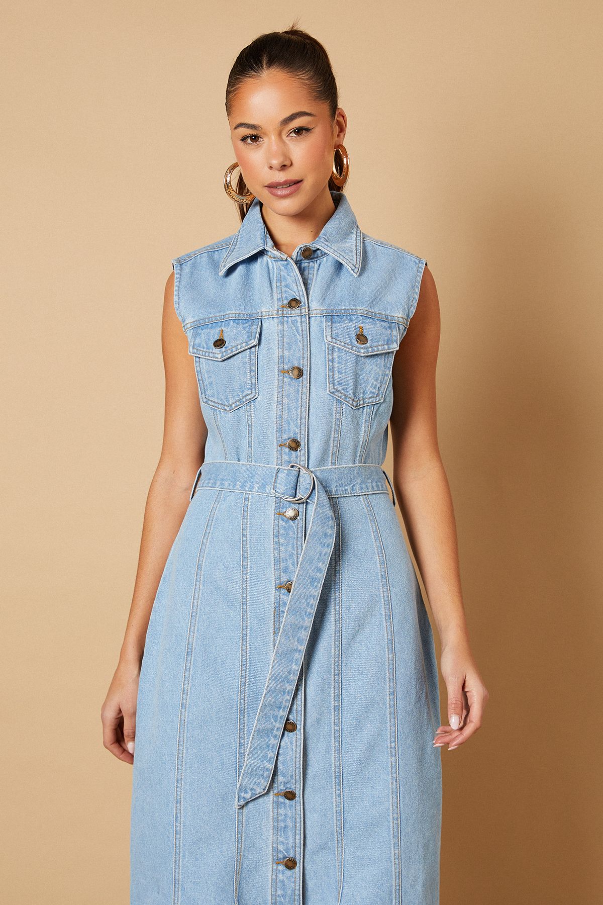 Oasis Belted Waist Pocket Detail Midi Dress Light Wash image 2