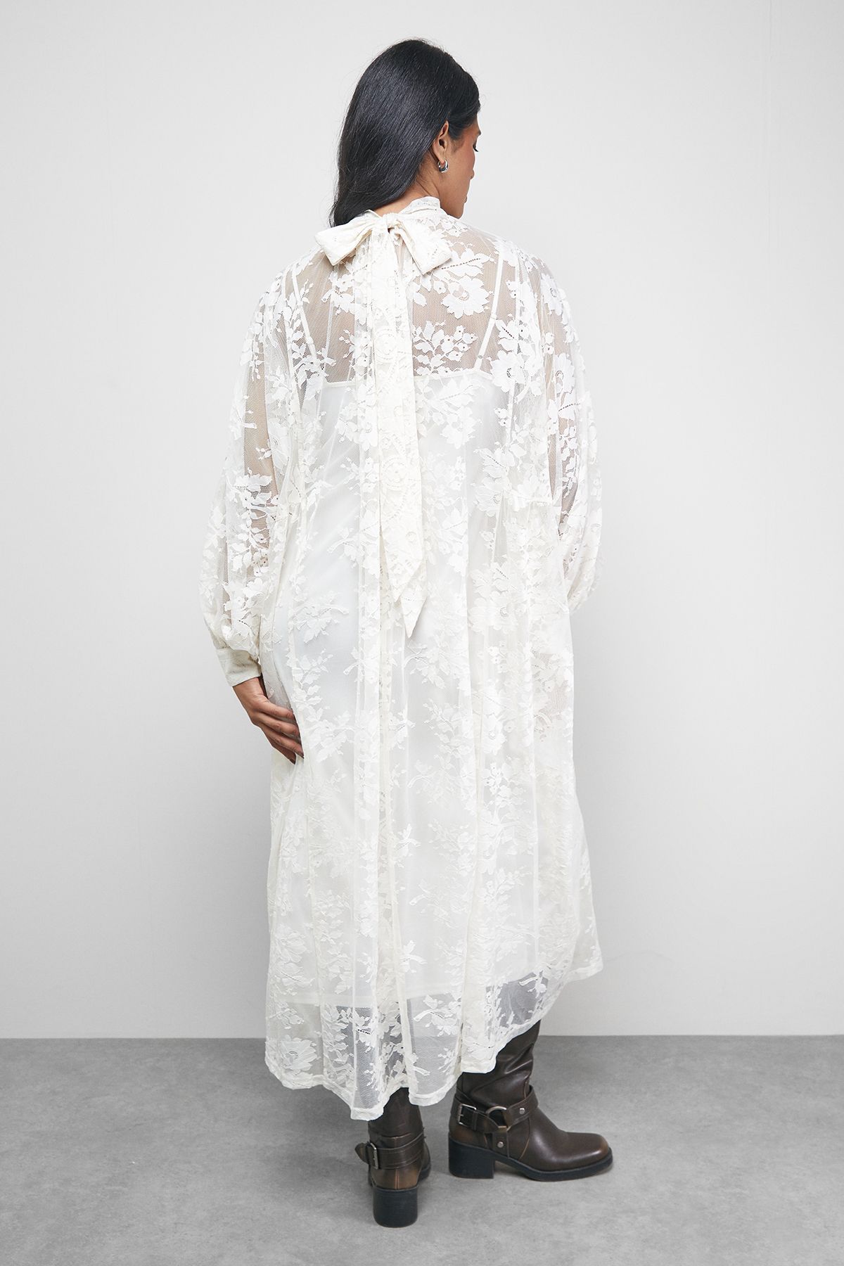 Warehouse Lace High Neck Smock Midi Dress Cream image 3