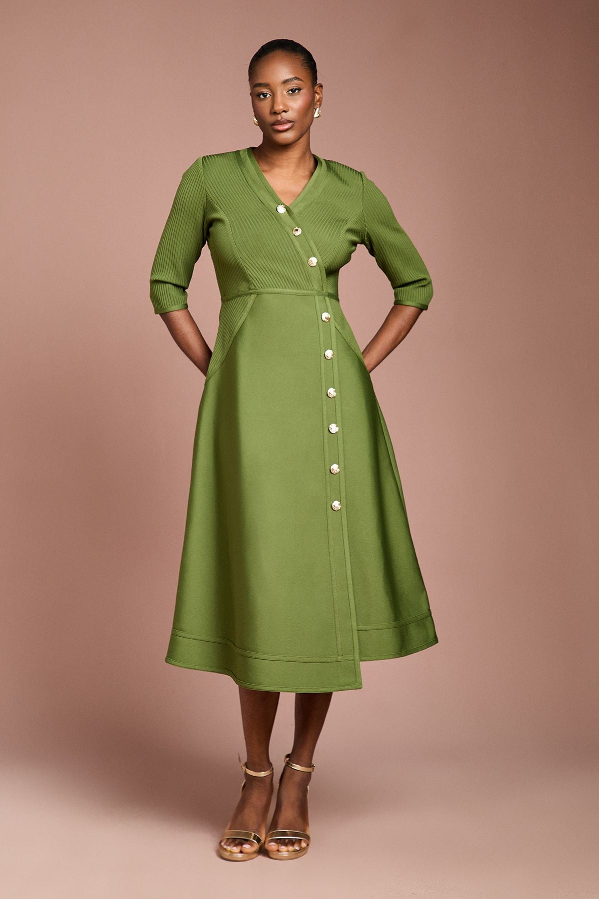 Coast Ribbed Bandage Button Down Midi Dress Olive