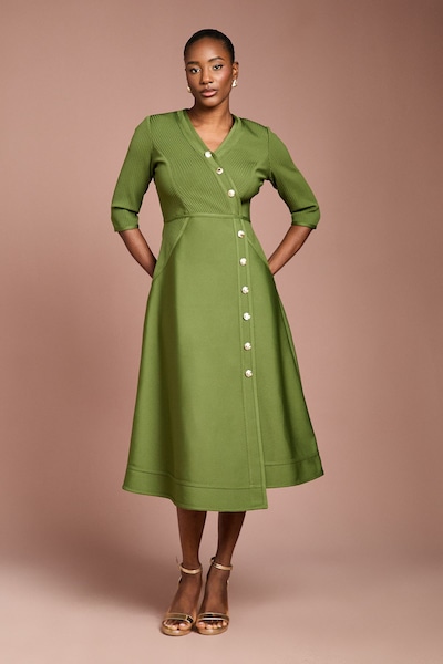 Coast Ribbed Bandage Button Down Midi Dress Olive