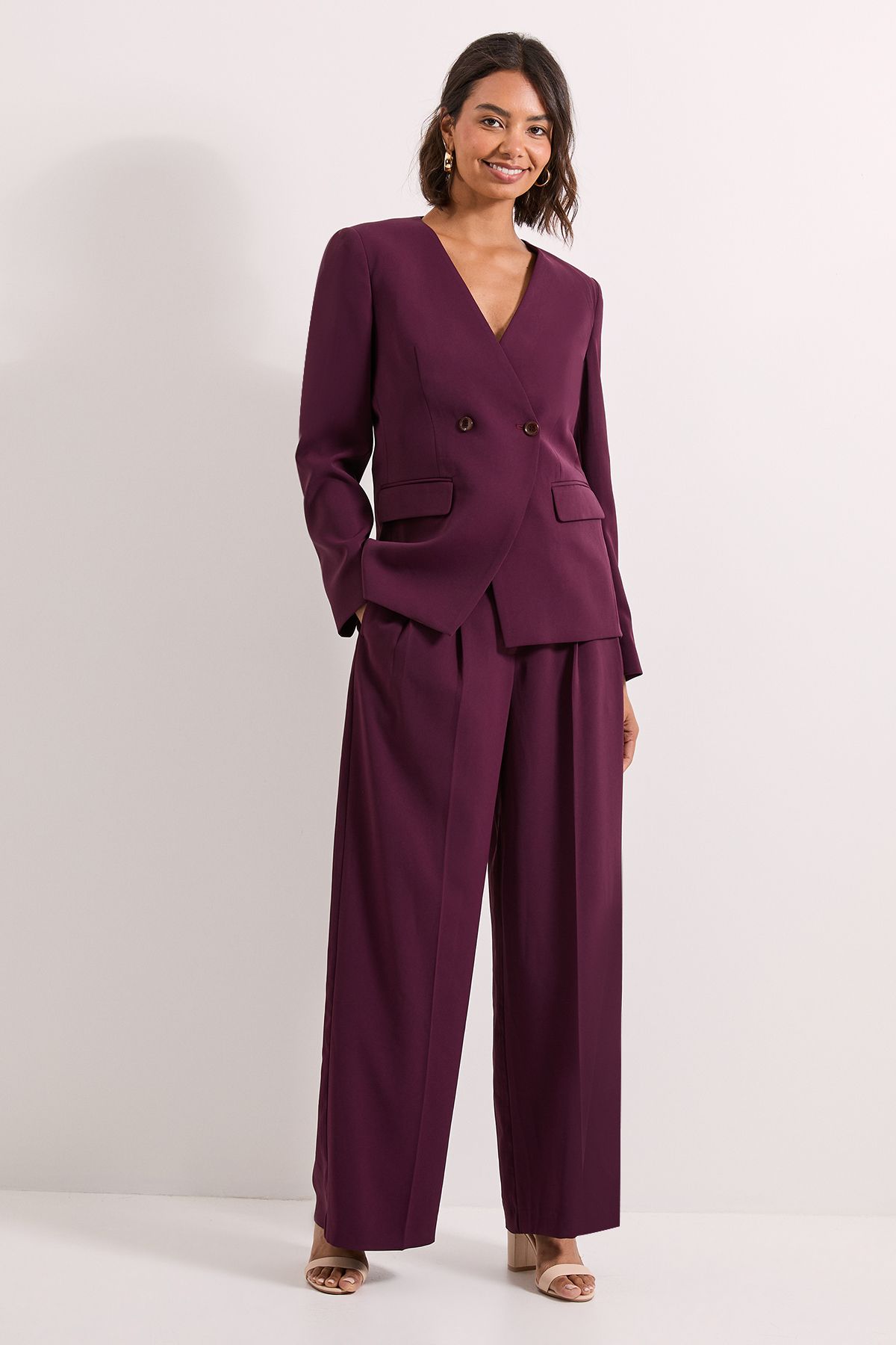 Dorothy Perkins V Neck Longline Double Breasted Blazer Berry image 2