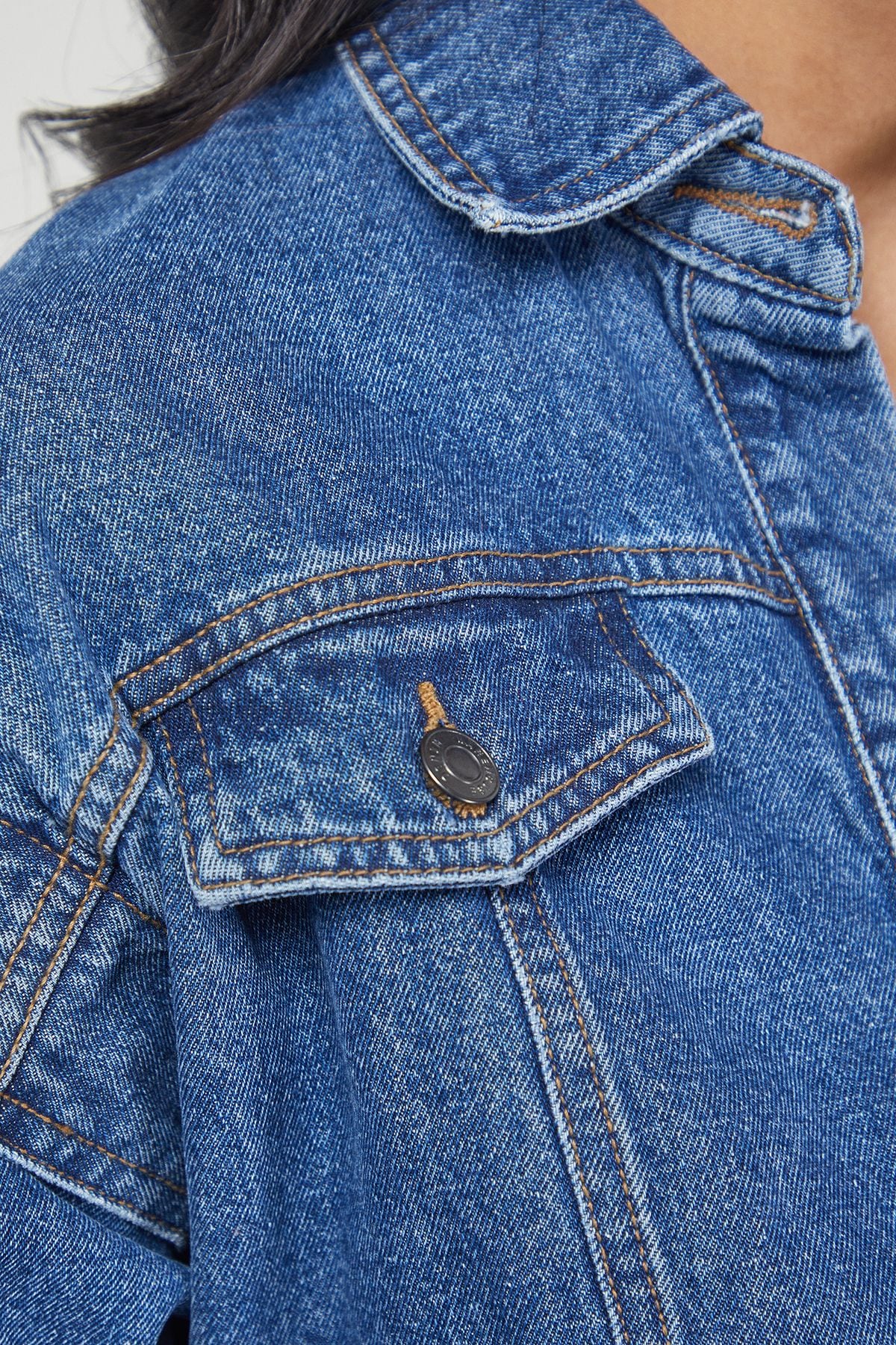 Warehouse Tony Denim Jumpsuit With Stepped Shoulder Detail Mid Blue image 5