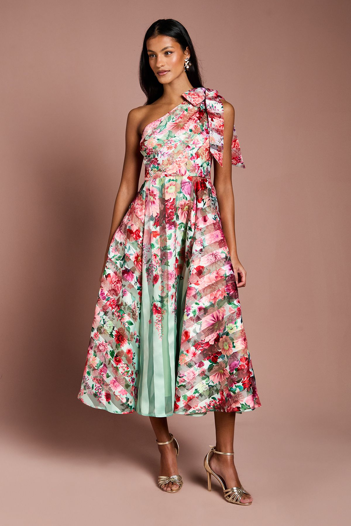 Coast Petite Printed Stripe Organza One Shoulder Midi Dress Sage