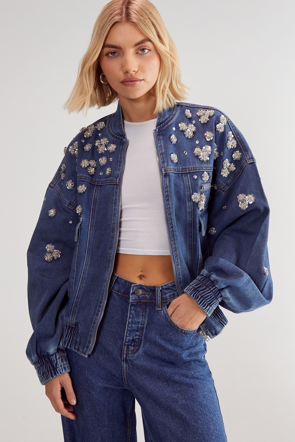 NastyGal Limited Embellished Flower Applique Jacket Authentic Denim image 1