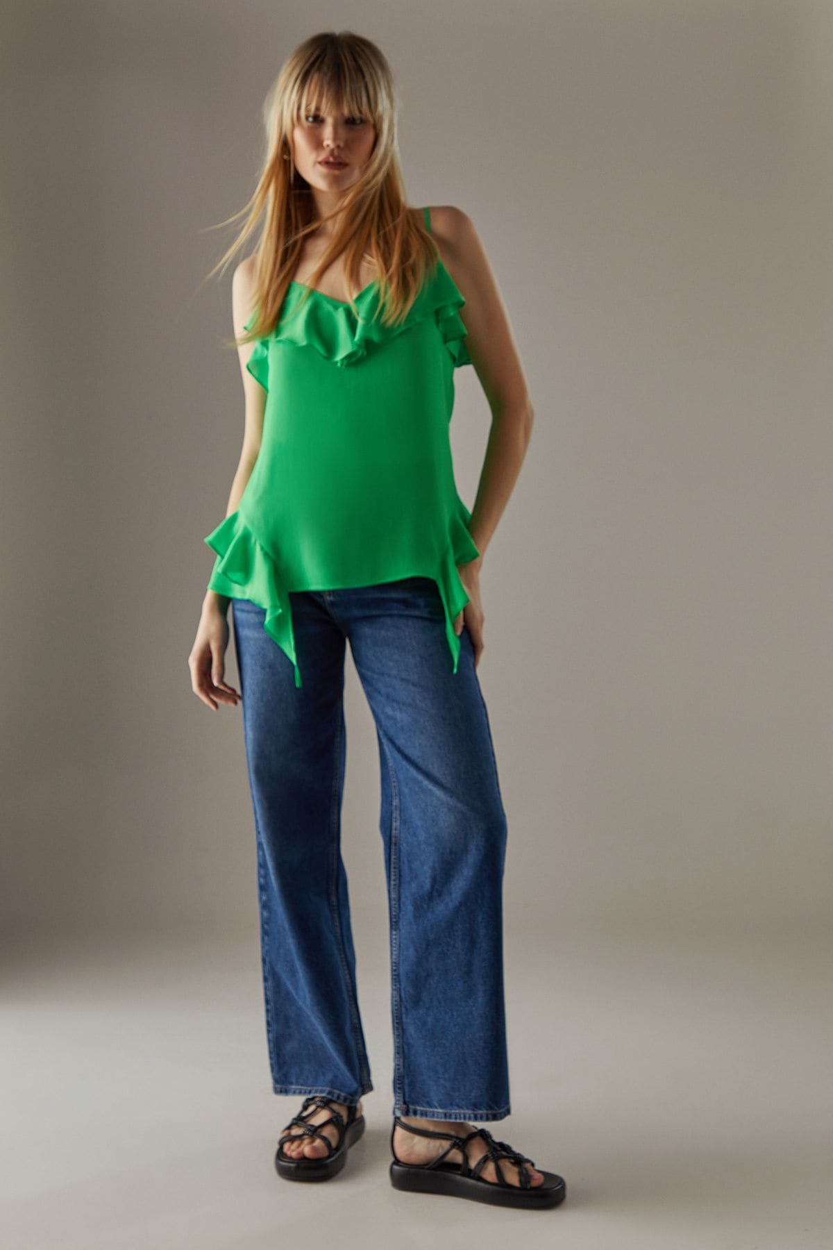 Warehouse Chiffon Ruffle Tendril Hem Cami Top Bright Green image 2