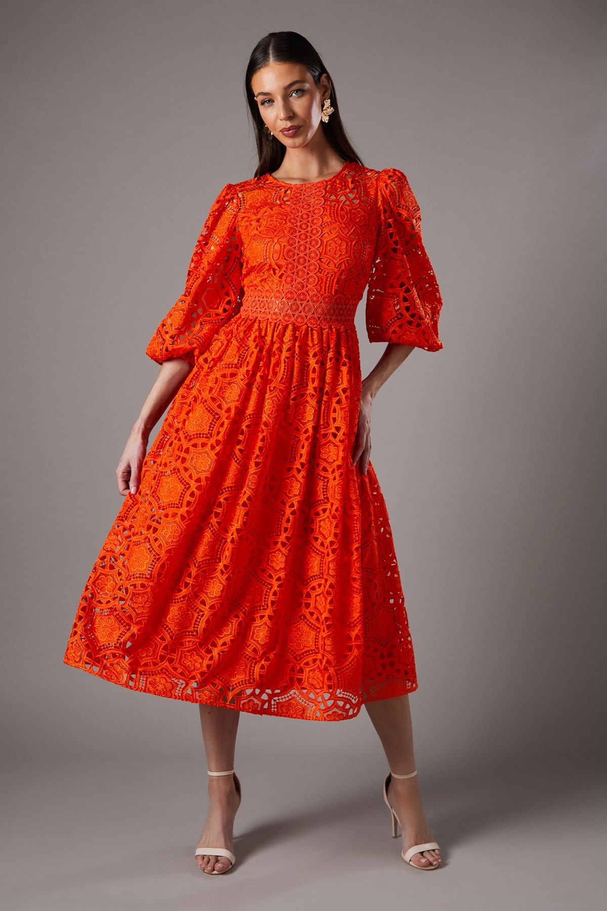 Coast Geo lace Blouson Sleeve Midi Dress Orange image 1