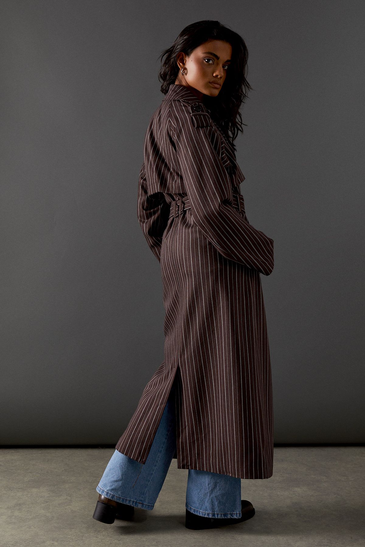 Warehouse Chocolate Pinstripe Belted Trench Coat Chocolate image 3