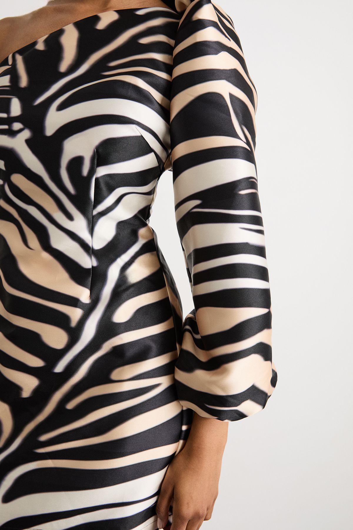 Warehouse One Shoulder Puff Sleeve Mini Dress Zebra image 4