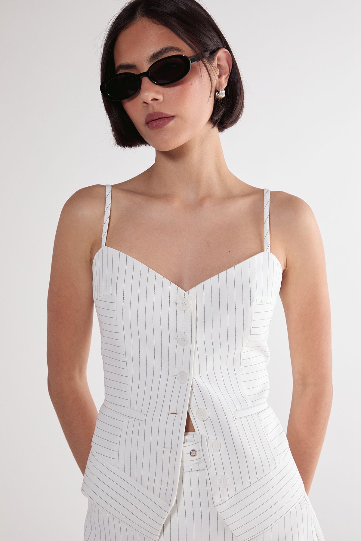 NastyGal Pinstripe Tailored Button Through Bustier Top White image 3
