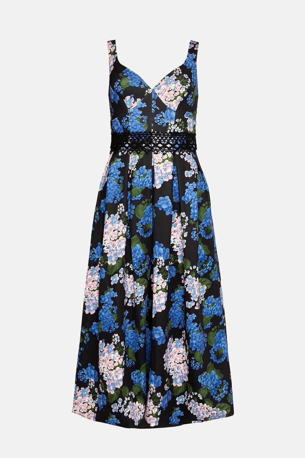 Oasis Floral Printed Scuba Lace Detail Midi Dress Blue image 4